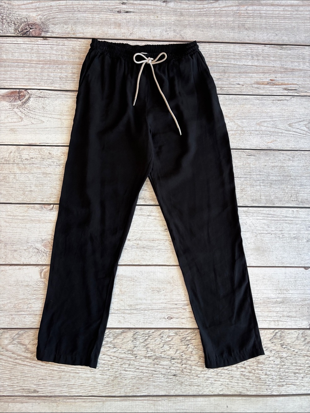 Suzy D Black Elastic Waist Pants with Contrast Drawstring